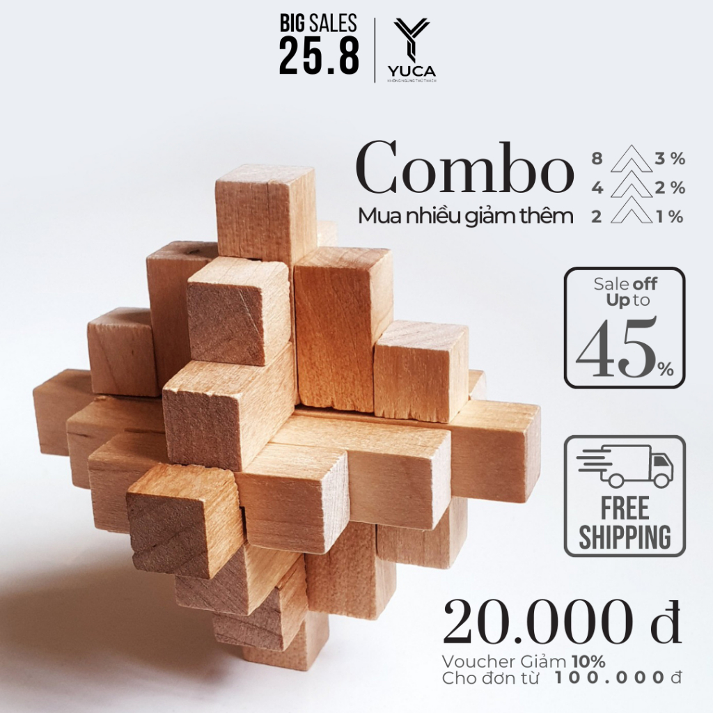 Đồ chơi khóa gỗ Fifteen Tongs - 15 TONGS, Yuca Puzzle - 15 kẹp, Thử thách giải đố Thông minh Trí tuệ, Tư duy Xếp hình 3D