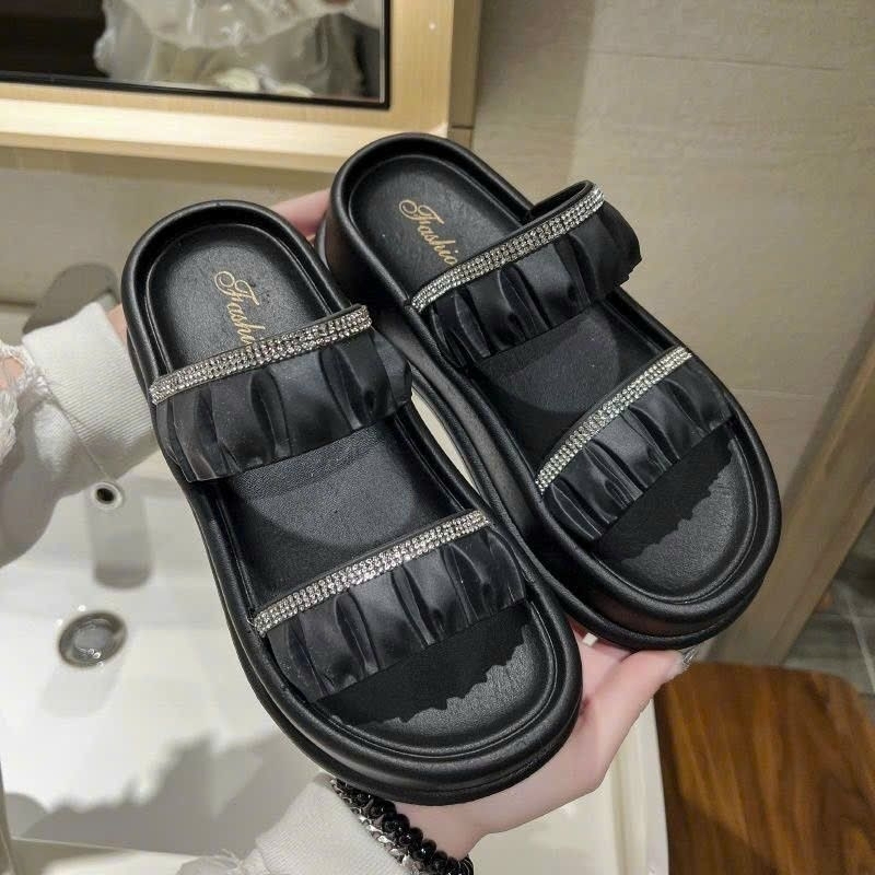 Dép 2 Quai Ngang Đính Đá Nhún Chun Đế 5cm Thời Trang