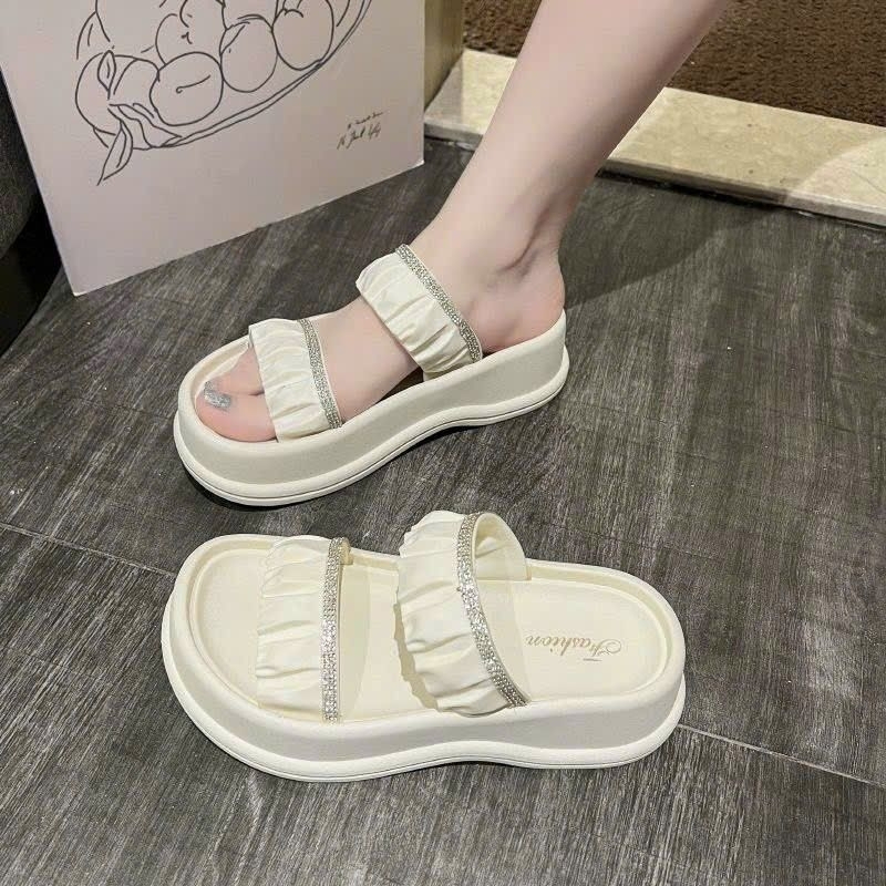 Dép 2 Quai Ngang Đính Đá Nhún Chun Đế 5cm Thời Trang