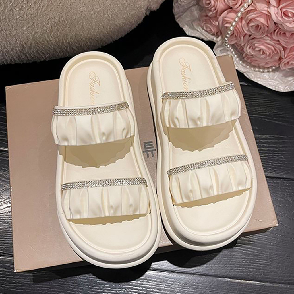 Dép 2 Quai Ngang Đính Đá Nhún Chun Đế 5cm Thời Trang