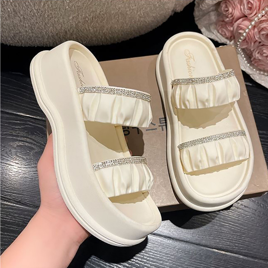 Dép 2 Quai Ngang Đính Đá Nhún Chun Đế 5cm Thời Trang