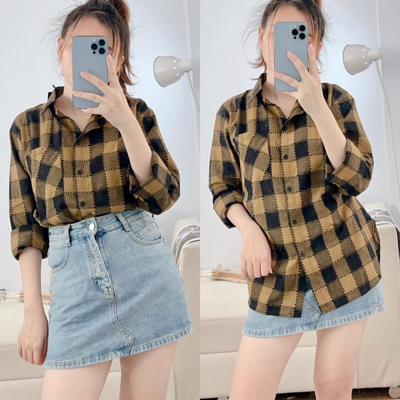 Áo Sơ Mi Nữ Kẻ Karo Tay Dài Trẻ Trung Năng Động, Áo Sơ Mi Nữ Tay Dài Freesize Chất Cotton Bột Dày Dặn