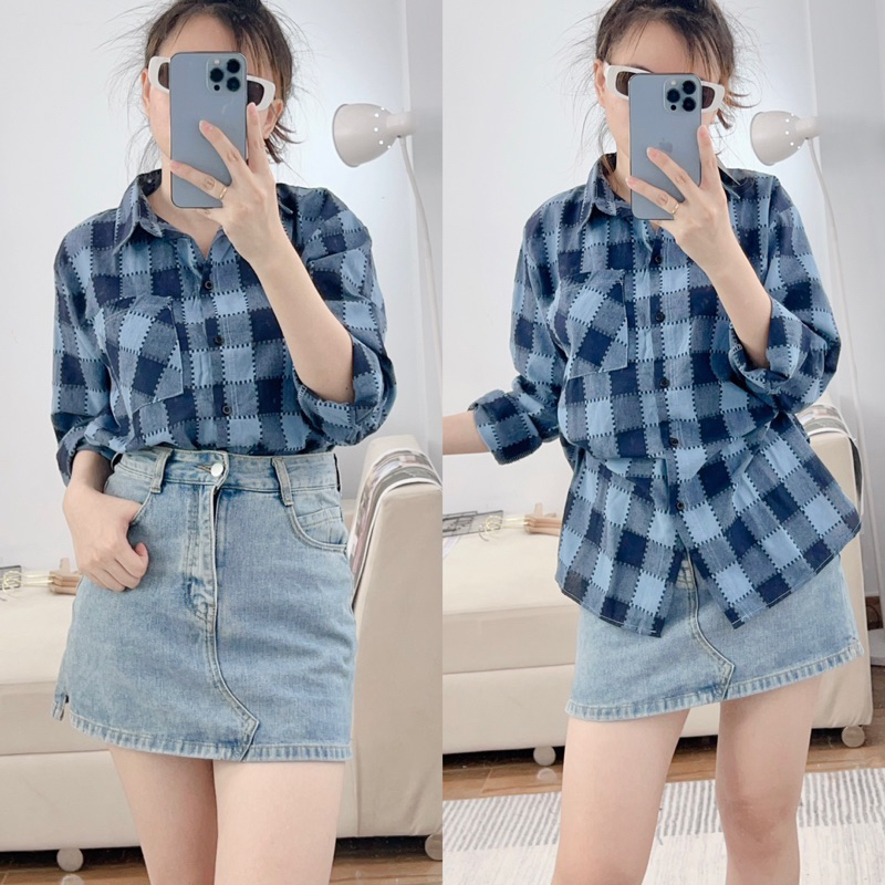 Áo Sơ Mi Nữ Kẻ Karo Tay Dài Trẻ Trung Năng Động, Áo Sơ Mi Nữ Tay Dài Freesize Chất Cotton Bột Dày Dặn
