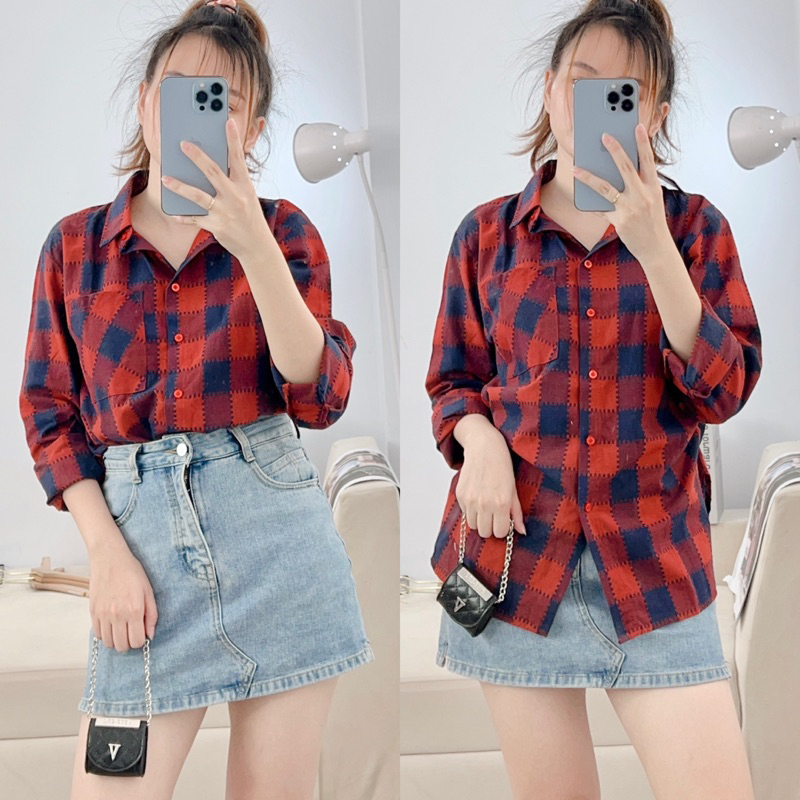 Áo Sơ Mi Nữ Kẻ Karo Tay Dài Trẻ Trung Năng Động, Áo Sơ Mi Nữ Tay Dài Freesize Chất Cotton Bột Dày Dặn