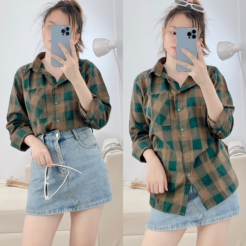 Áo Sơ Mi Nữ Kẻ Karo Tay Dài Trẻ Trung Năng Động, Áo Sơ Mi Nữ Tay Dài Freesize Chất Cotton Bột Dày Dặn