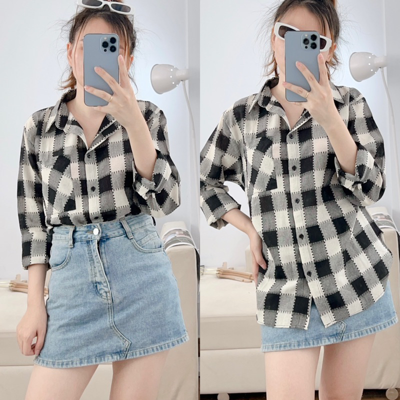 Áo Sơ Mi Nữ Kẻ Karo Tay Dài Trẻ Trung Năng Động, Áo Sơ Mi Nữ Tay Dài Freesize Chất Cotton Bột Dày Dặn