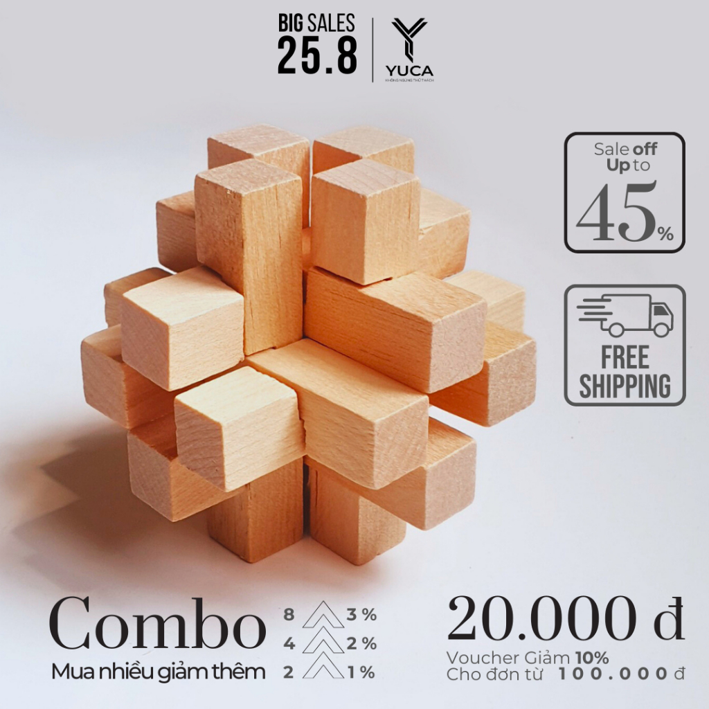 Đồ chơi khóa gỗ Well Lock - 12 Columns, Yuca Puzzle - Thập nhị trụ, Thử thách giải đố Thông minh, Trí tuệ, Xếp hình 3D