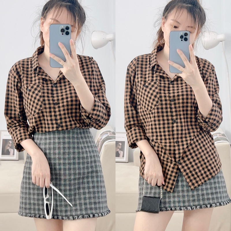 Áo Sơ Mi Nữ Kẻ Karo Tay Dài Trẻ Trung Năng Động, Áo Sơ Mi Nữ Tay Dài Freesize Chất Cotton Bột Dày Dặn