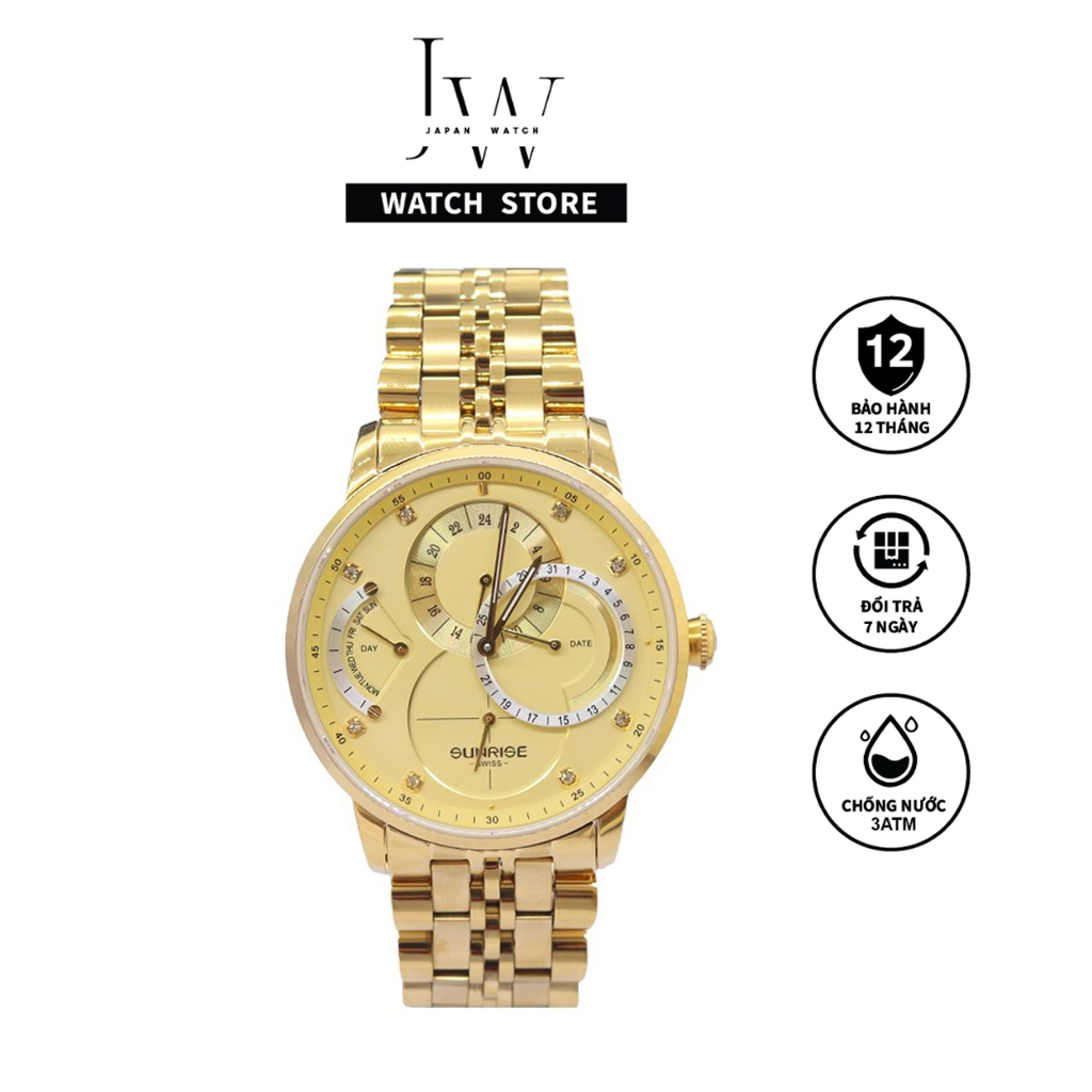 Đồng Hồ Nam Sunrise JAPAN WATCH Chạy 6 Kim Mặt Tròn Đơn Giản Dây Thép Đúc Đặc Vàng Sang Trọng 1146SA