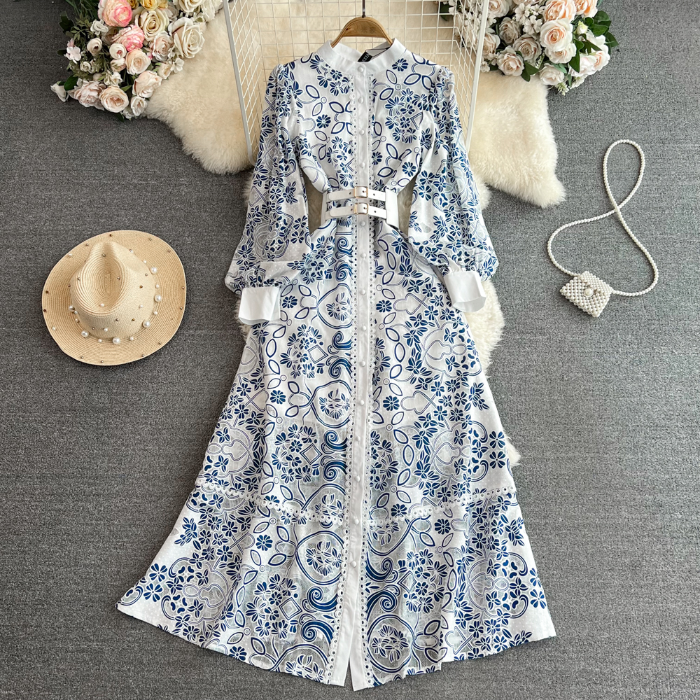 Đầm retro phối ren váy dài thanh lịch cổ đứng
