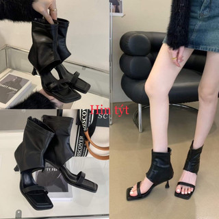 Giày bốt nữ hở mũi khóa sau boots da hở ngón chiến binh gót nhọn Fullbox