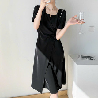 Đầm nữ thiết kế chất cotton lạnh mặc siêu mát cổ vuông xẻ ngực phối chéo tà thắt dây eo váy dáng suông