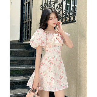Đầm nữ mặc đi chơi chất voan hoa hai lớp cao cấp tay búp ngắn cổ vuông phối xoắn ngực có mút váy chữ A thời trang