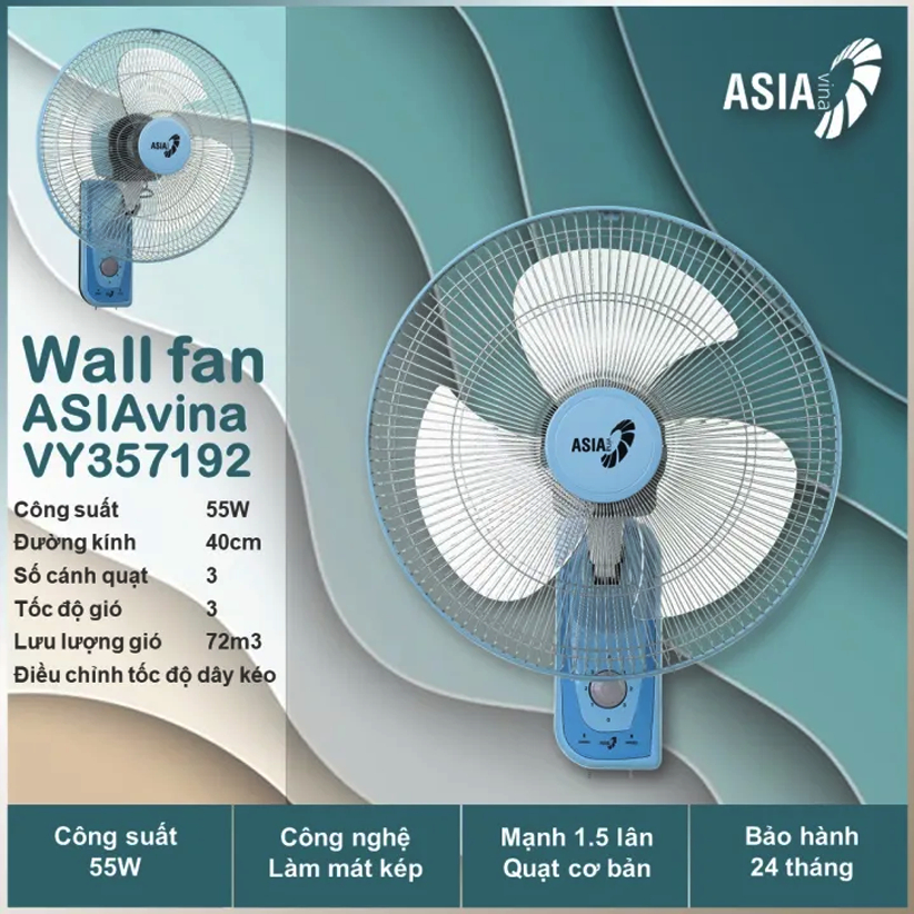 Quạt treo tường ASIA vina 2 dây, cánh 40cm, công suất 55W - Bảo hành chính hãng 24 tháng