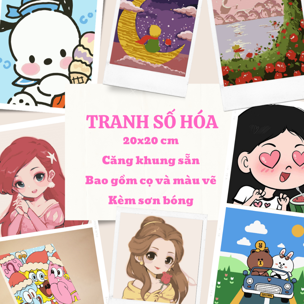 Tranh số hóa nhân vật hoạt hình công chúa star, hoàng tử bé, pochacco, gấu brown… tranh căng khung 20x20cm vải canvas