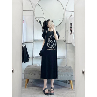 Váy thun dáng dài, đầm suông bầu chất cotton Gemmy Shop in hình gấu Eu