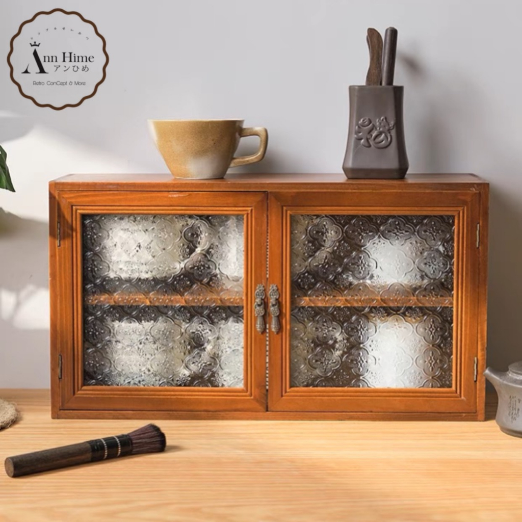 Tủ Gỗ Đựng Đồ Mini -Chén -Bát 2 Ngăn Kéo Gỗ Kính Hoa Văn Treo Tường & Để Bàn Kiểu Vintage Nhật Bản SP82