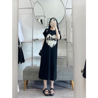 Váy thun dáng dài, đầm suông bầu chất cotton Gemmy Shop in chữ Lima