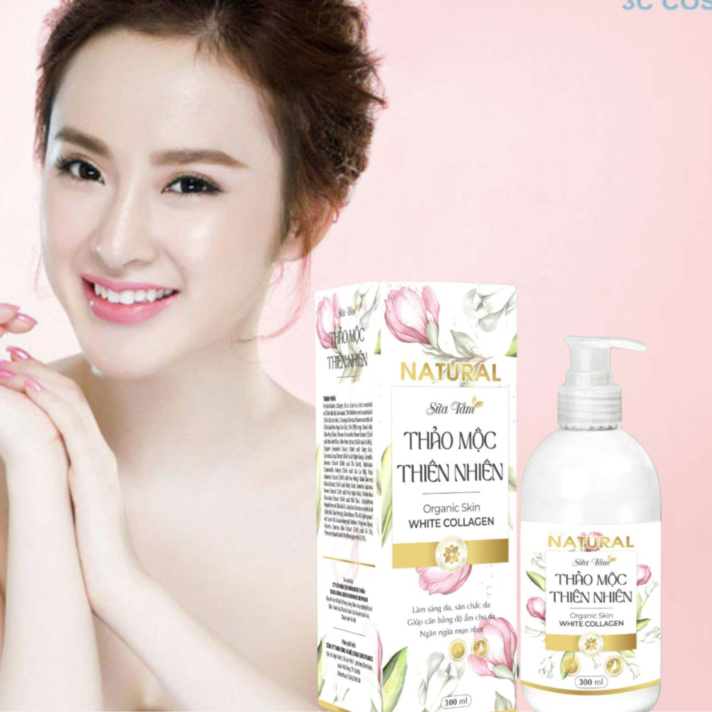 (quà tặng) Sữa Tắm Thảo Mộc Thiên Nhiên Organic Skin White collagen chai 300ml dùng được cho trẻ em và phụ nữ sau sinh,