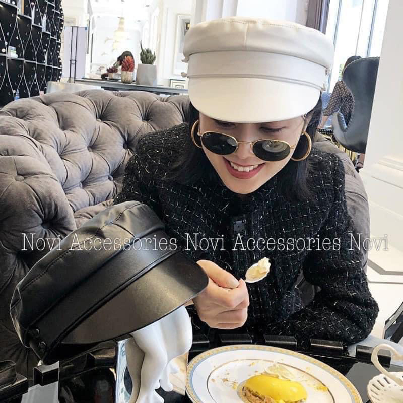 Mũ kepi da trơn đen trắng cho nữ