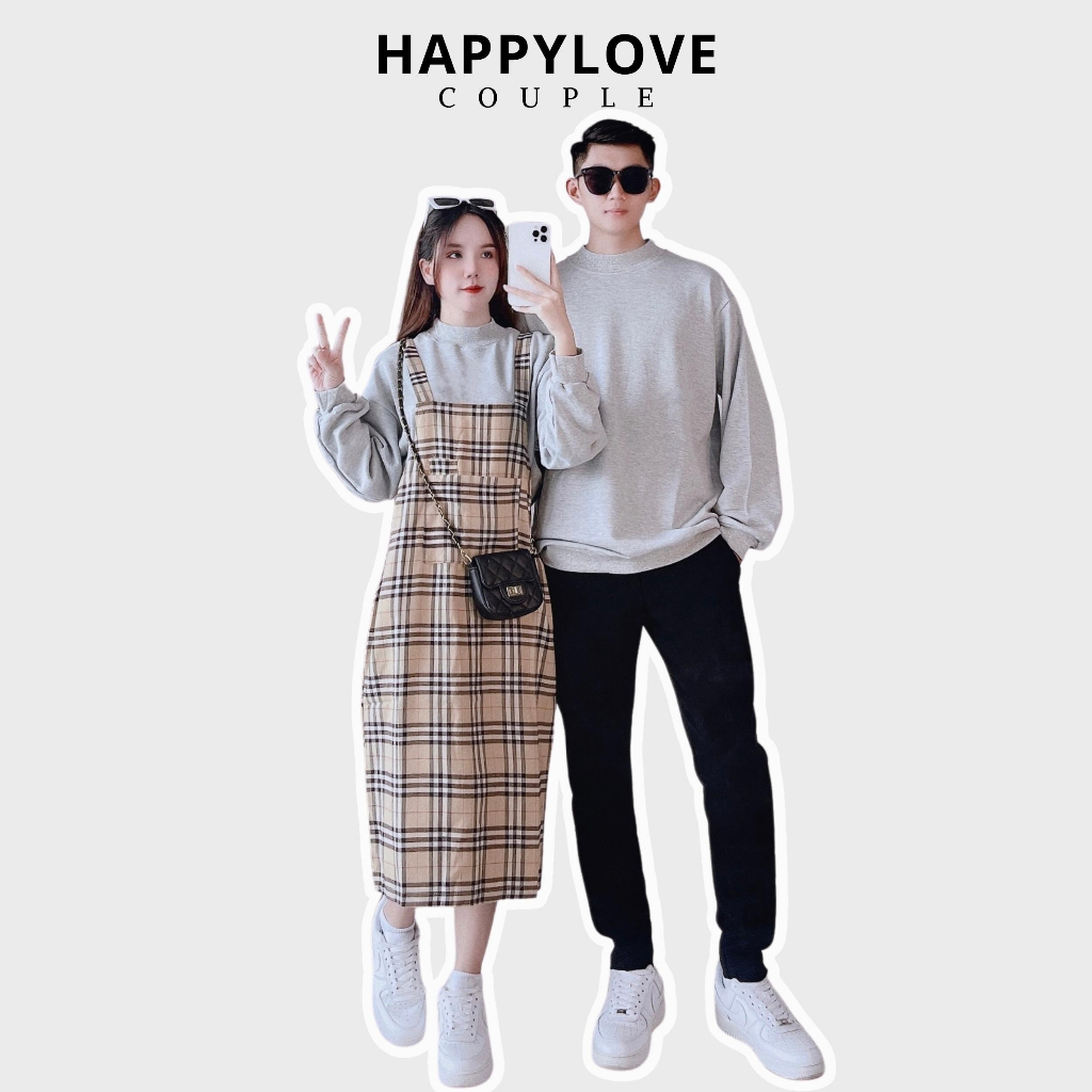 Đồ cặp nam nữ Set couple áo váy đôi dài tay thu đông HAPPYLOVE màu ghi xám hoạ tiết kẻ thời trang M055