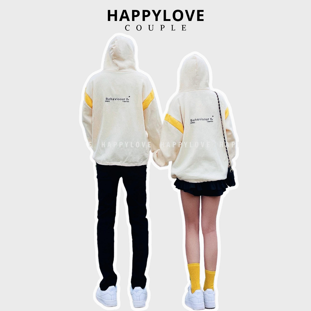 Đồ đôi áo hoodie nam nữ unisex cặp đôi form rộng HAPPYLOVE có mũ màu be kem cao cấp M017