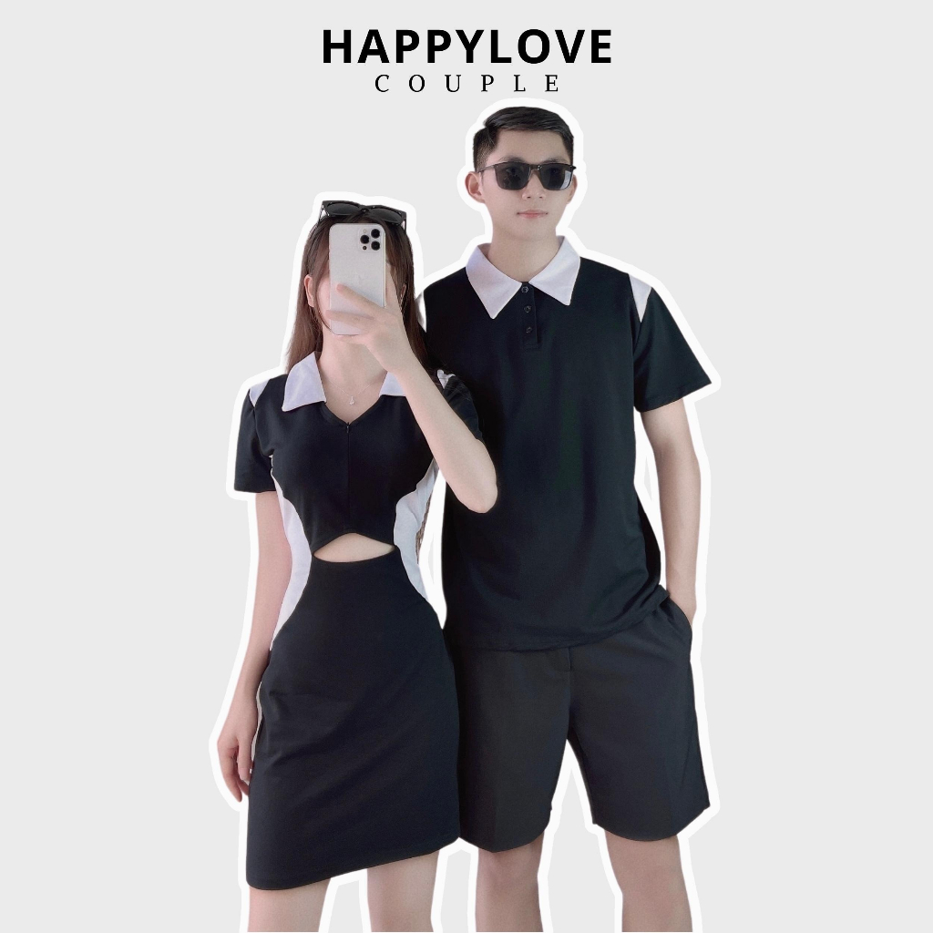 Đồ đôi nam nữ set couple áo váy cặp Polo ngắn tay mùa hè HAPPYLOVE màu đen trắng cao cấp M020