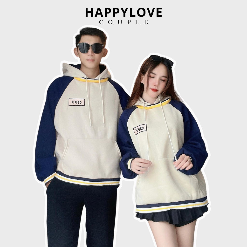 Đồ cặp áo hoodie nam nữ unisex đôi có mũ HAPPYLOVE màu be phối tay xanh than chất nỉ dày M061