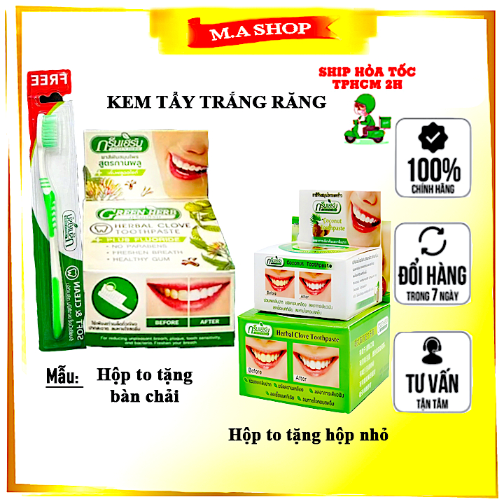 Bột trắng răng dừa Green Herb Thái Lan, kem tẩy đánh bay mảng bám cao răng, sâu răng - M.A Shop