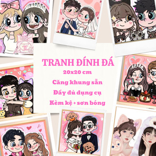 Tranh đính đá cặp đôi đáng yêu căng khung gỗ sẵn 20x20cm