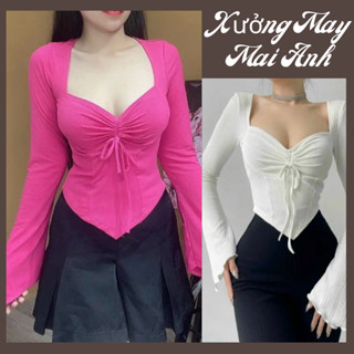  Áo Croptop Dài Tay Vạt Chéo Rút Ngực Chất Tăm Mềm mịn Áo Thun Cổ Vuông Tôn Dáng Eo Thon 