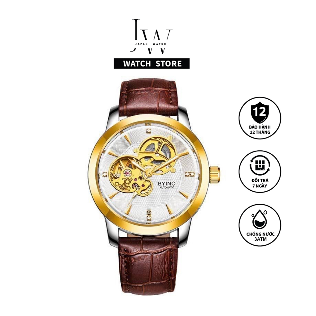 Đồng Hồ Nam Cơ Automatic Byino JAPAN WATCH Thiết Kế Lộ Tim Cơ Dây Da Nâu Cao Cấp Size 40mm