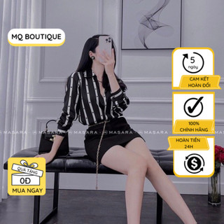 Áo lụa dài tay sơ mi cao cấp công sở họa tiết sao đen nền trắng sữa cao cấp, áo sơmi họa tiết thiết kế MQ Boutique