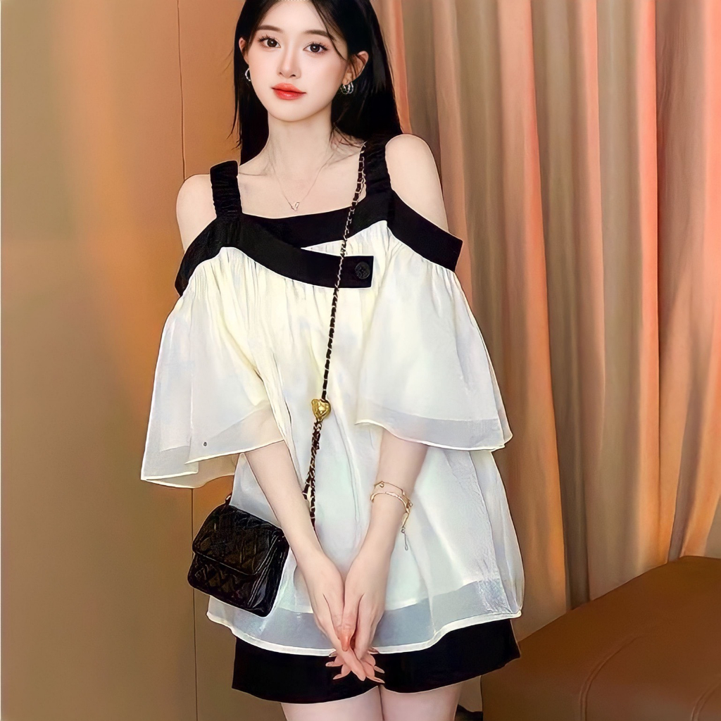 Sét Bộ Babydoll Trễ Vai Áo Von Tơ + Quần Short Tafta