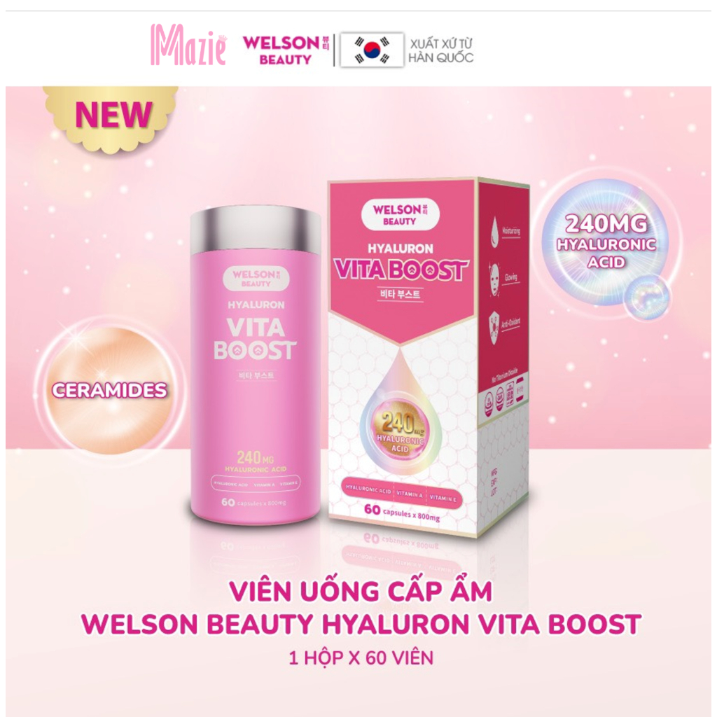 Viên uống HA cấp ẩm trắng da Welson Beauty Hyaluron Vita Boost hộp x 60 viên