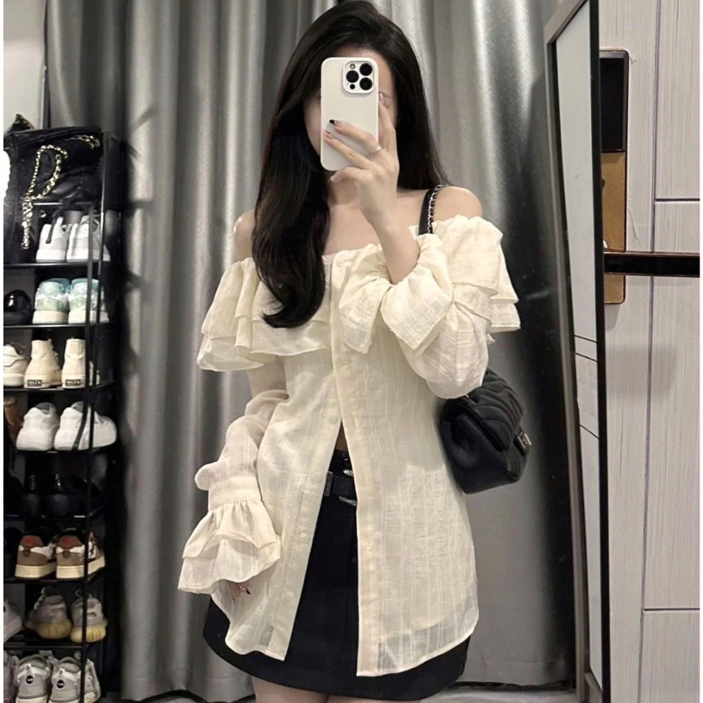 Áo Sơ MI Đũi Trễ Vai Bánh Bèo Tiểu Thư Tay Loe
