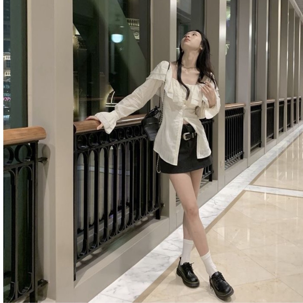 Áo Sơ MI Đũi Trễ Vai Bánh Bèo Tiểu Thư Tay Loe