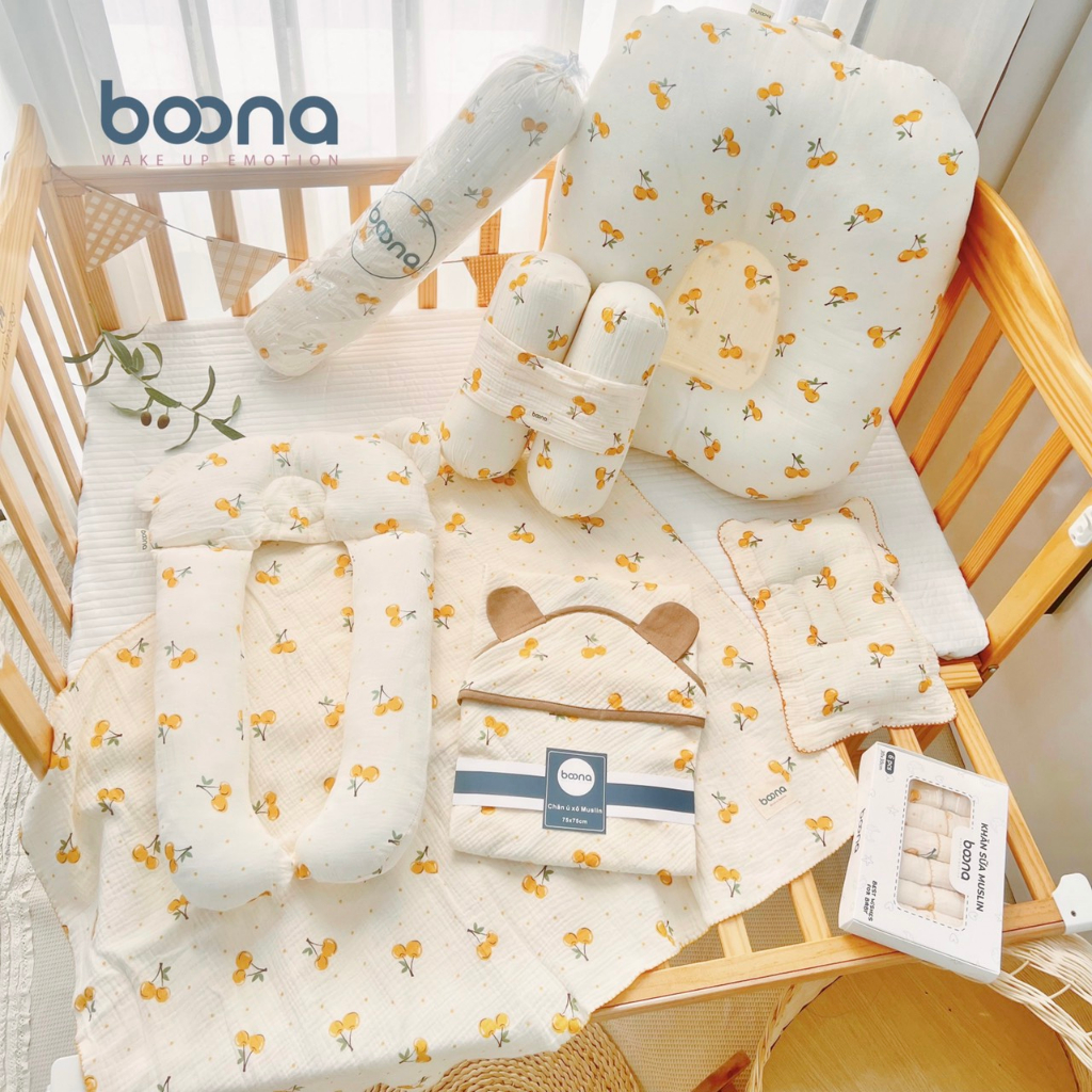 Combo Gối Khăn Chăn Cho Bé Sơ Sinh, Set 8 Món 6 Món Gối Khăn Chăn Boona Vải Xô Muslin Cho Trẻ Em