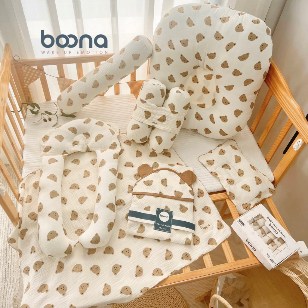 Combo Gối Khăn Chăn Cho Bé Sơ Sinh, Set 8 Món 6 Món Gối Khăn Chăn Boona Vải Xô Muslin Cho Trẻ Em