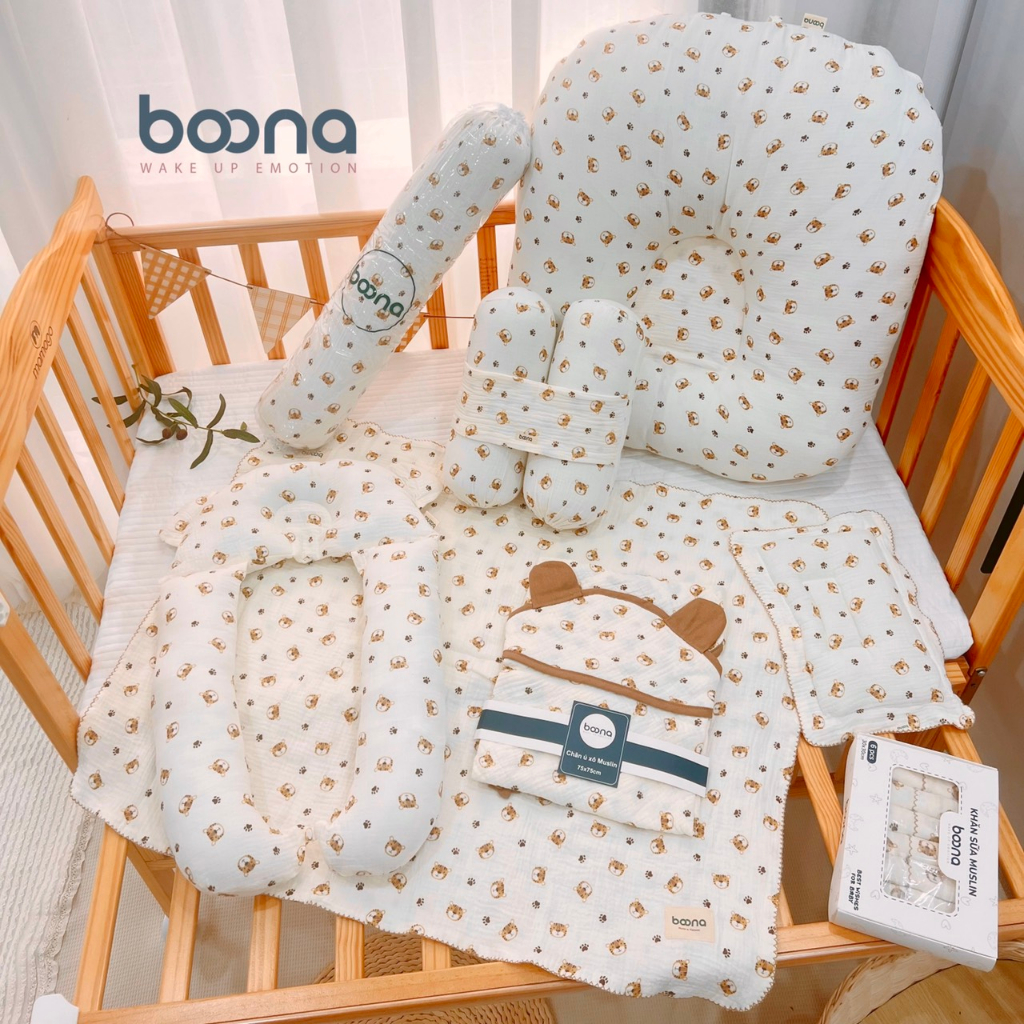 Combo Gối Khăn Chăn Cho Bé Sơ Sinh, Set 8 Món 6 Món Gối Khăn Chăn Boona Vải Xô Muslin Cho Trẻ Em