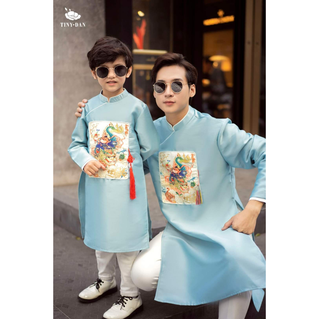 Áo dài cách tân gia đình bố, mẹ và bé Nghinh Xuân Xanh chất liệu tafta in 3D cao cấp - Áo dài ST - ST17