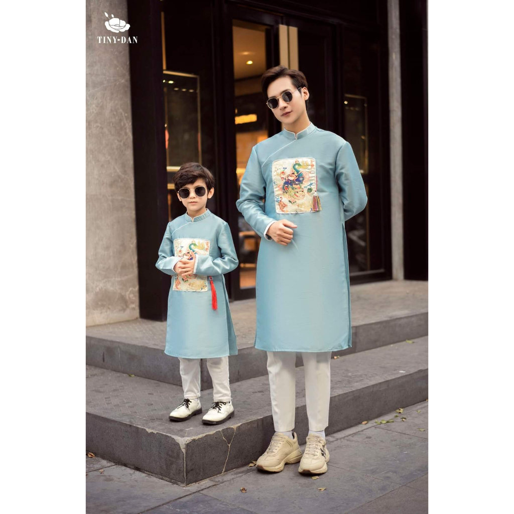Áo dài cách tân gia đình bố, mẹ và bé Nghinh Xuân Xanh chất liệu tafta in 3D cao cấp - Áo dài ST - ST17