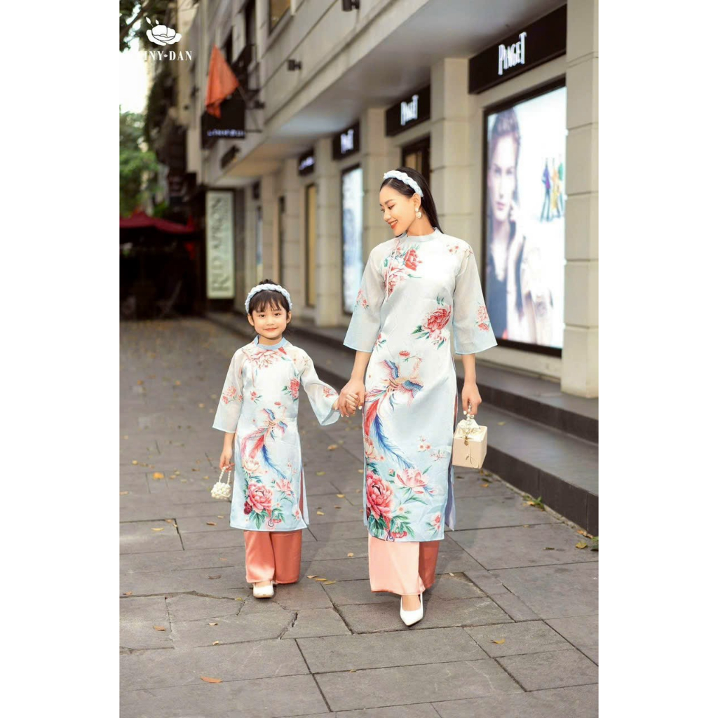 Áo dài cách tân gia đình bố, mẹ và bé Nghinh Xuân Xanh chất liệu tafta in 3D cao cấp - Áo dài ST - ST17