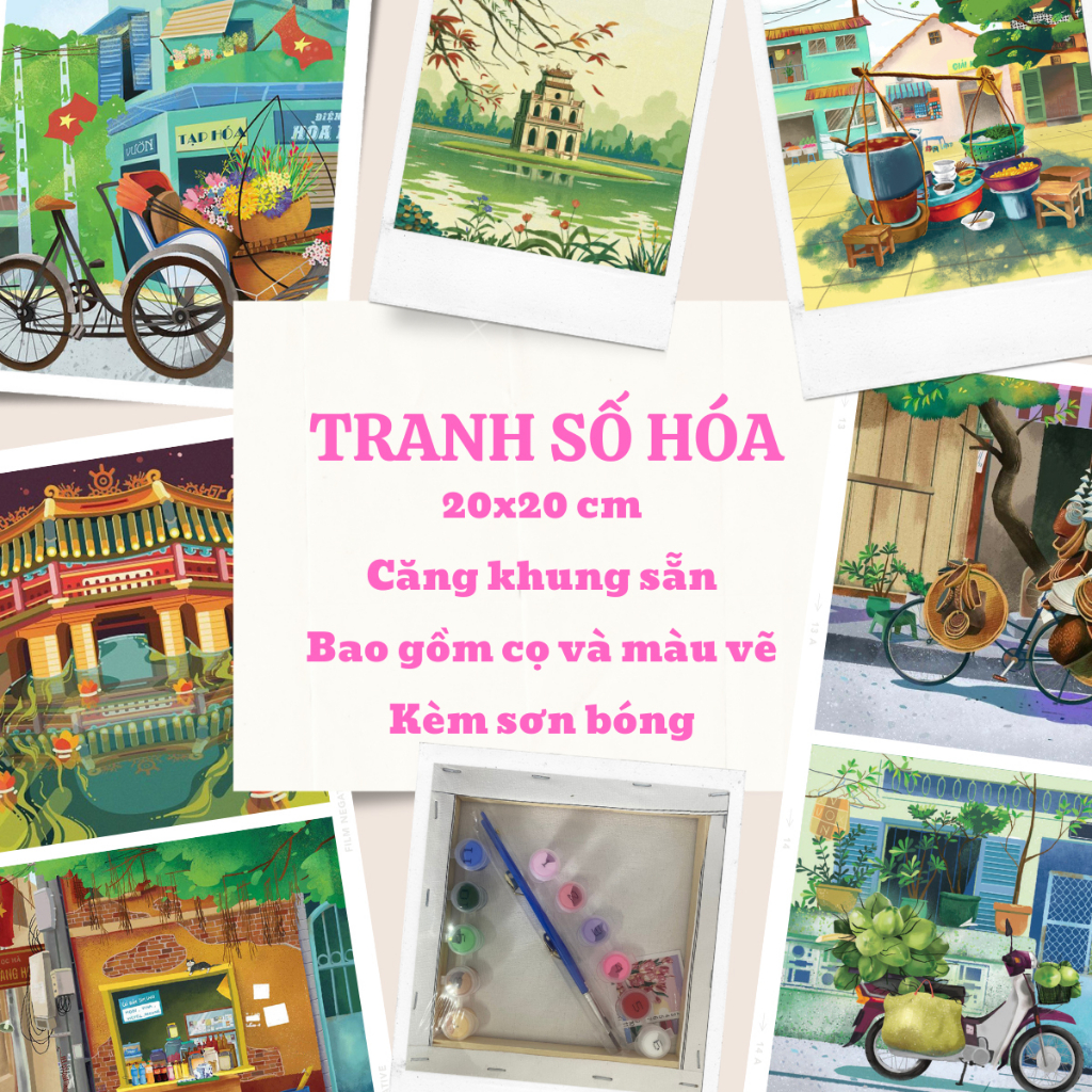 Tranh số hóa, tranh tô màu theo số phong cảnh việt nam, hồ gươm, gánh hành rong… tranh căng khung 20x20cm vải canvas