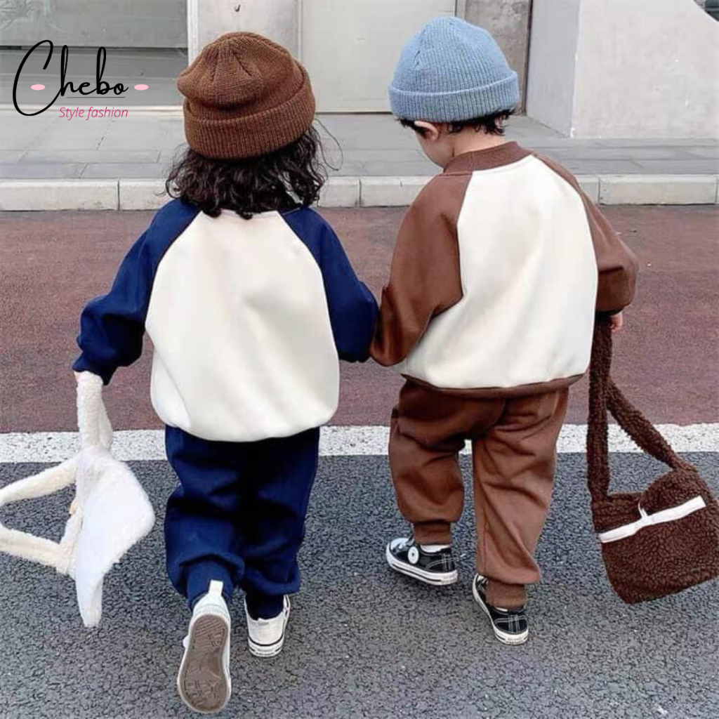 Combo 2 bộ nỉ bé trai bé gái Quảng Châu bộ quần áo nỉ bông không xù họa tiết mũ gấu dễ thương mặc mùa đông siêu ấm Chebo