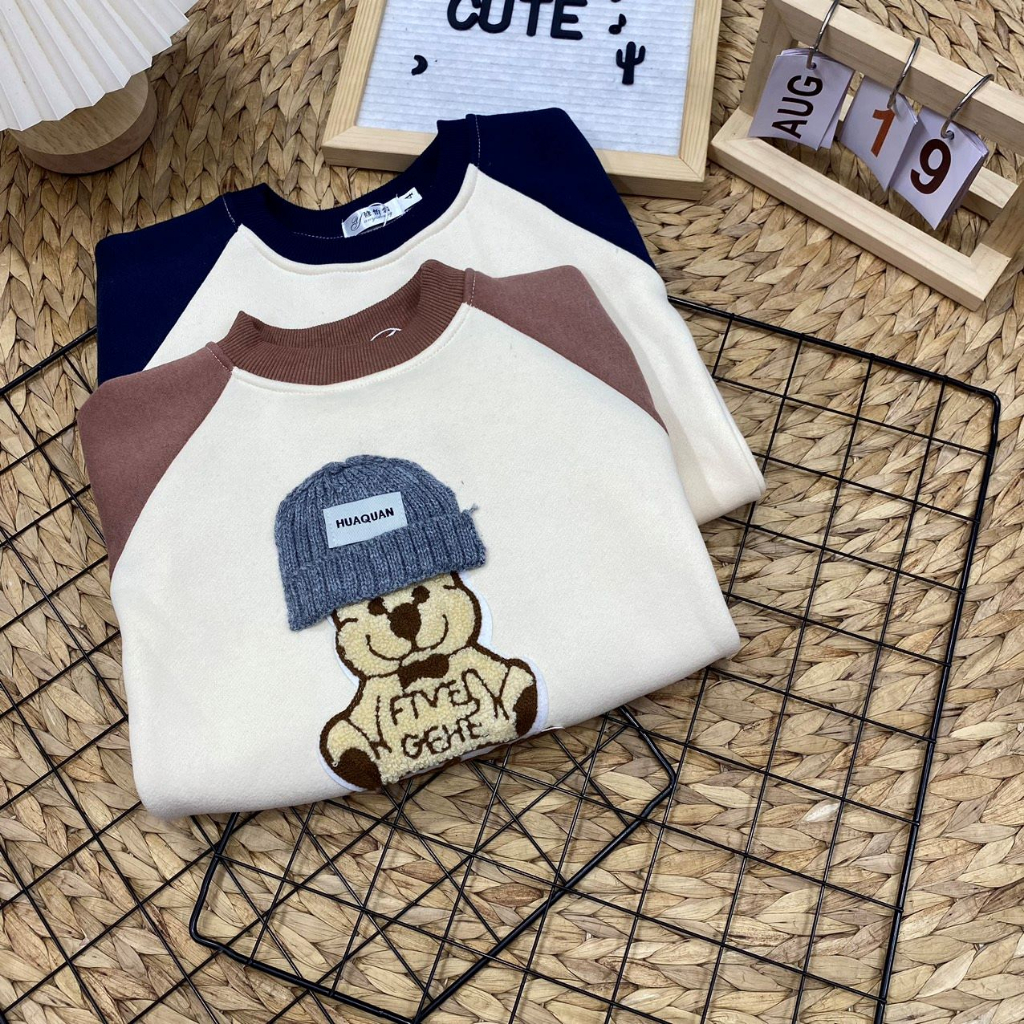 Combo 2 bộ nỉ bé trai bé gái Quảng Châu bộ quần áo nỉ bông không xù họa tiết mũ gấu dễ thương mặc mùa đông siêu ấm Chebo