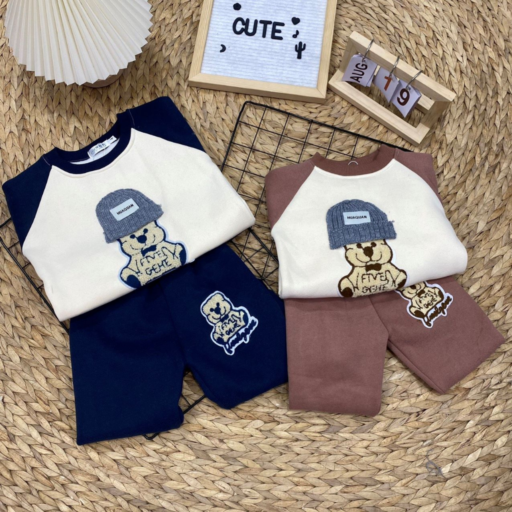 Combo 2 bộ nỉ bé trai bé gái Quảng Châu bộ quần áo nỉ bông không xù họa tiết mũ gấu dễ thương mặc mùa đông siêu ấm Chebo