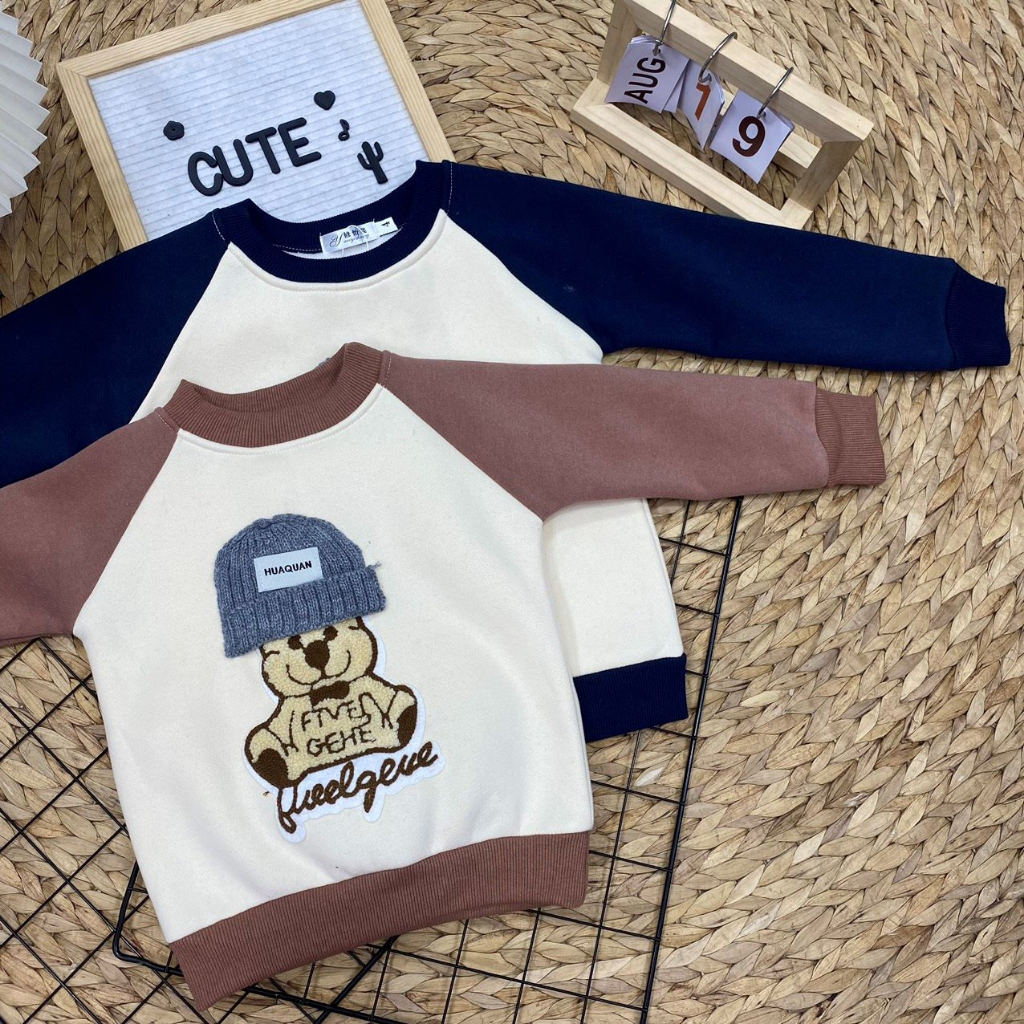 Combo 2 bộ nỉ bé trai bé gái Quảng Châu bộ quần áo nỉ bông không xù họa tiết mũ gấu dễ thương mặc mùa đông siêu ấm Chebo