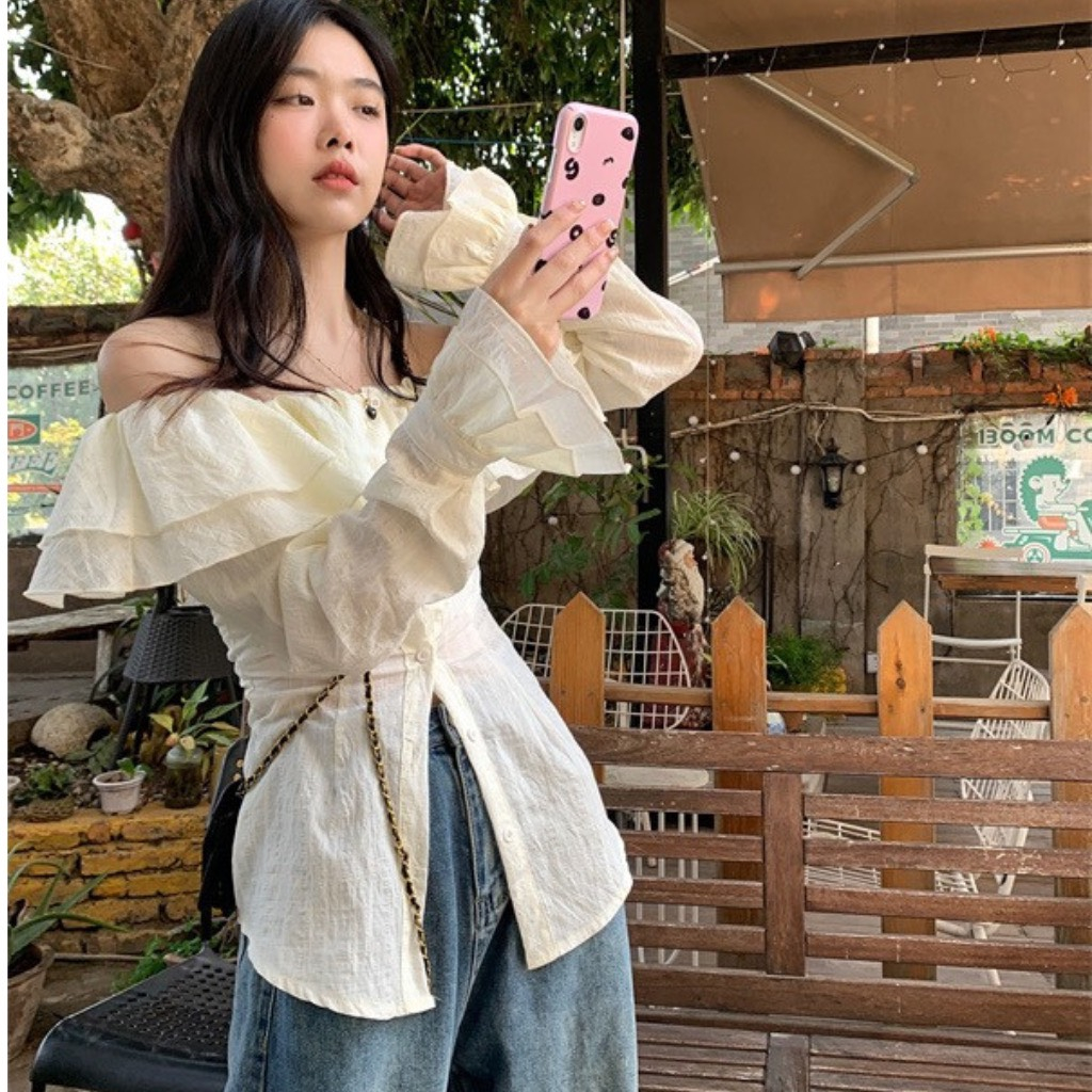 Áo Sơ Mi Trễ Vai Bánh Bèo Liệu Đũi Tay Loe Phong Cách Tiểu Thư