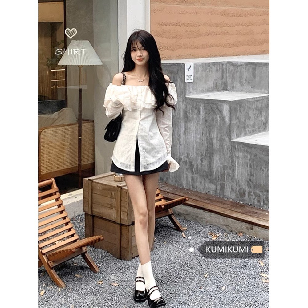 Áo Sơ Mi Trễ Vai Bánh Bèo Liệu Đũi Tay Loe Phong Cách Tiểu Thư